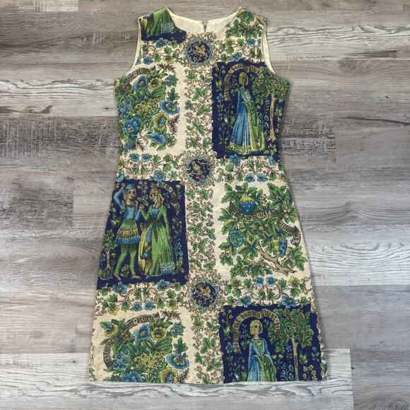 Vintage Dresses & Skirts - Vintage Cream, Blue & Green Printed Midi Dress